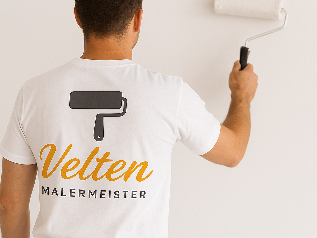 Ein Mann streicht mit einer Farbrolle eine weiße Wand und trägt ein weißes T-Shirt mit der Aufschrift „Velten Malermeister“ und einem Piktogramm einer Farbrolle. Das Bild vermittelt Professionalität und Sauberkeit im Malerhandwerk.