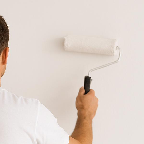 Das Bild zeigt eine Hand, die mit einer Walze eine Wand weiß streicht. Es ist eine rechte Schulter zu sehen, die Person trägt ein weißes T-Shirt.